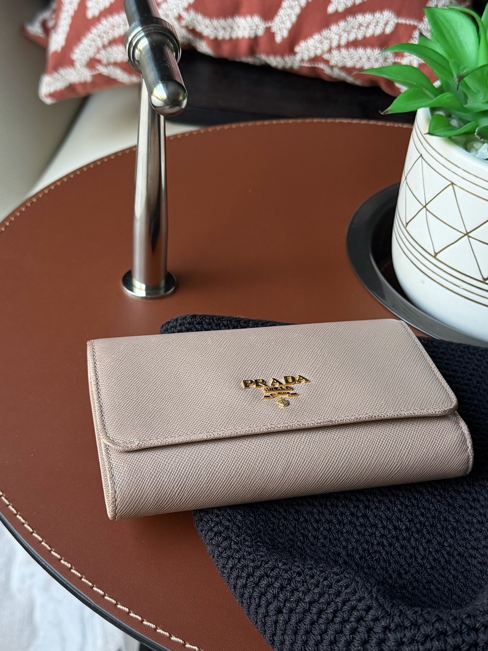 Prada Saffiano Leather Bifold Wallet Beige Grey